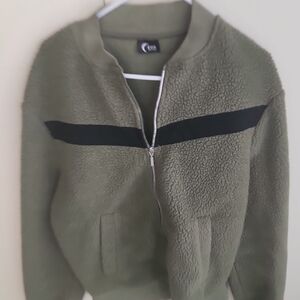 Olive Green Teddy Jacket with Black Accent